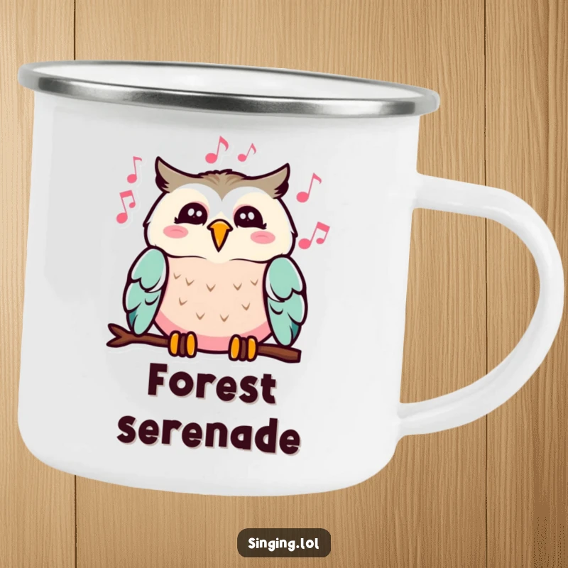 Funny camping mug with a happy owl singing with musical notes, perfect for outdoor enthusiasts who love music and humor.