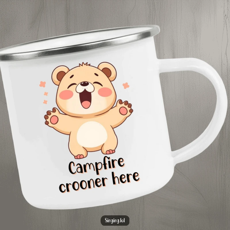 Funny Bear Cub Singer Camping Mug: A giggling bear cub sings loudly with paws spread wide, a fun and durable mug.