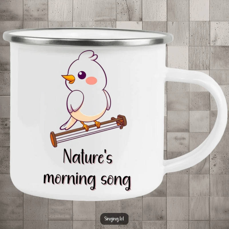 Funny bird camping mug featuring a smiling bird character perched on a musical staff, ready for outdoor tunes.