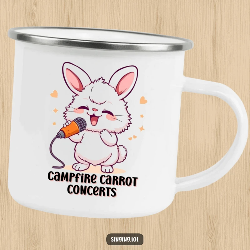 Funny Bunny Singer Camping Mug: A fluffy bunny sings into a carrot microphone, a fun and durable mug for outdoor enthusiasts.