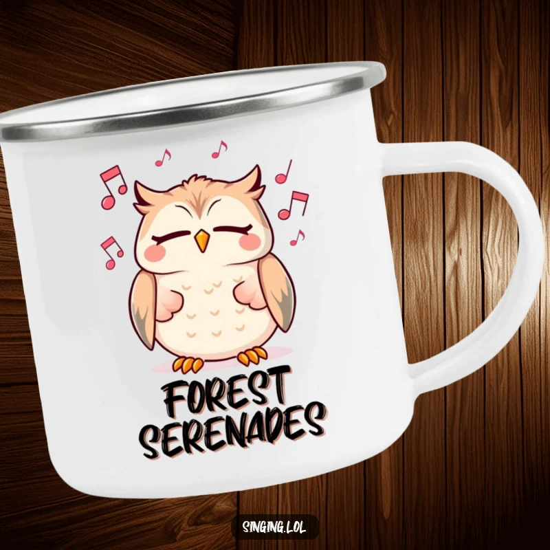 Funny camping mug featuring a cheerful owl character singing with eyes closed among musical notes, designed for outdoor enjoyment.
