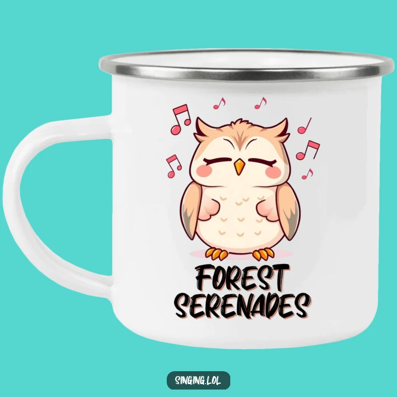 Funny Camping Mug: Owl Singing Character, for outdoor melodies and a fun funny gift.