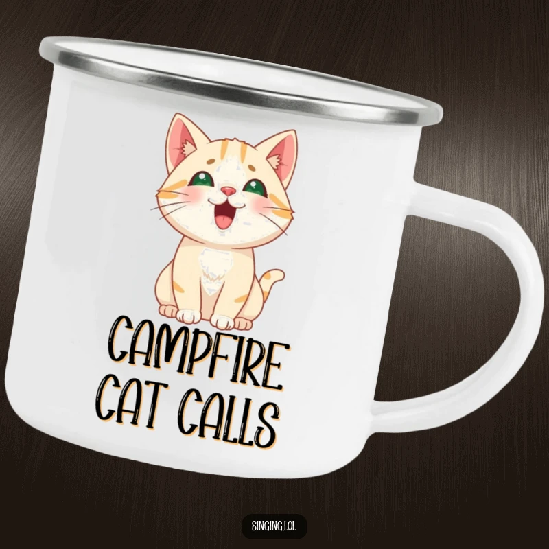 Funny Cat Meowing Camping Mug, a curious cat hitting a high, playful note, ready for outdoor adventures.
