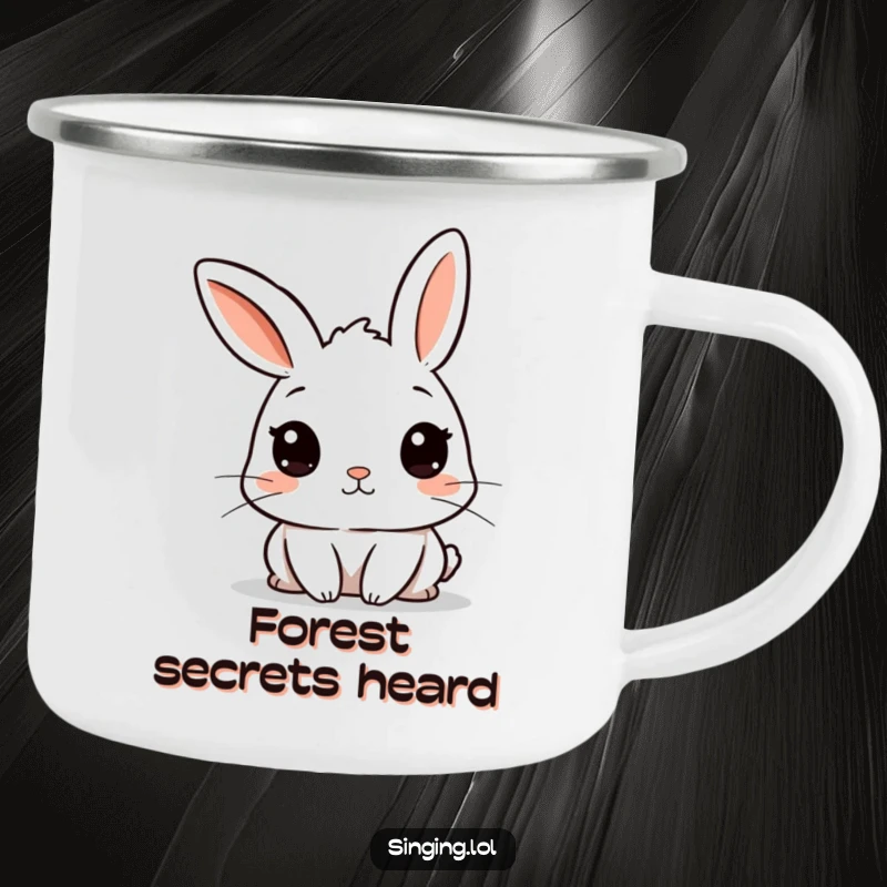 Funny camping mug featuring a curious rabbit character with twitching ears, ideal for quiet observation in the outdoors.