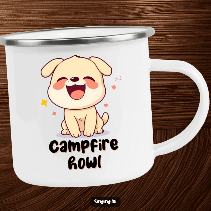Funny enamel camping mug featuring a giggling dog character howling a silly song, ideal for adding canine humor to outdoor trips.