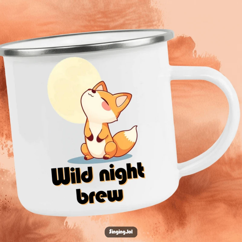 Funny fox character howling at a starry moon on a durable camping mug, ready for outdoor adventures and humor.