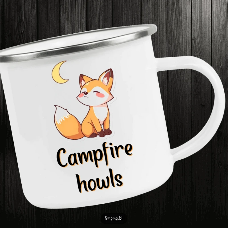 Funny enamel camping mug featuring a playful fox character howling joyfully at a crescent moon, built for adventure.