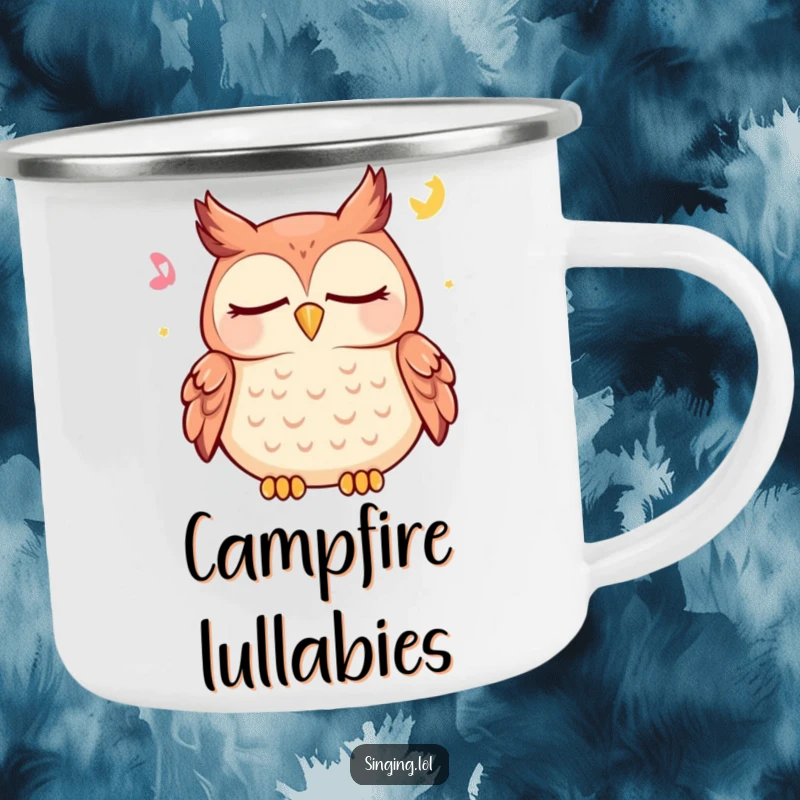 Funny owl camping mug with a happy character peacefully hooting a lullaby with closed eyes, perfect for tranquil outdoor moments.