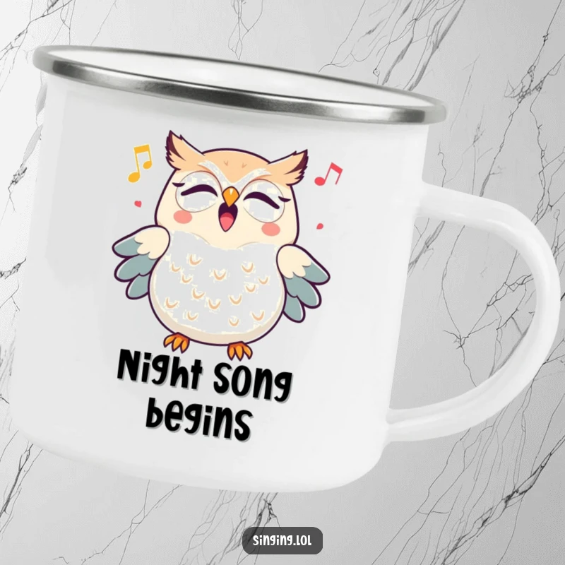 Funny triumphant owl character hooting a cheerful melody, printed on a durable camping mug for outdoor enthusiasts.