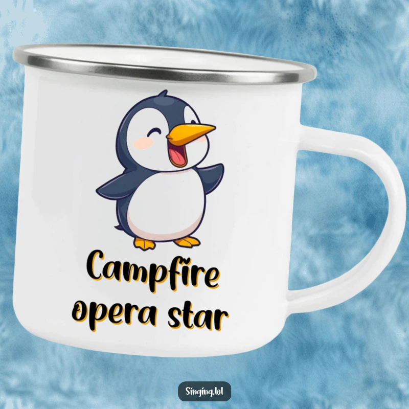 Funny camping mug featuring a playful penguin character squawking a ballad, perfect for outdoor musical moments.