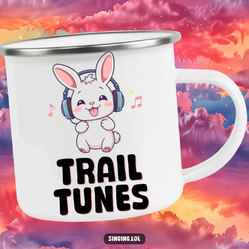 Funny camping mug featuring a rabbit with headphones, singing outdoors, perfect for enjoying drinks around a campfire with musical joy.