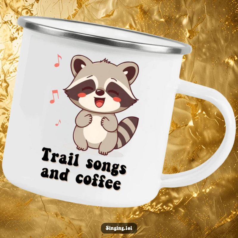 Funny Raccoon Humming Camping Mug: A happy raccoon humming a tune in the great outdoors. Perfect for enjoying beverages by the campfire.