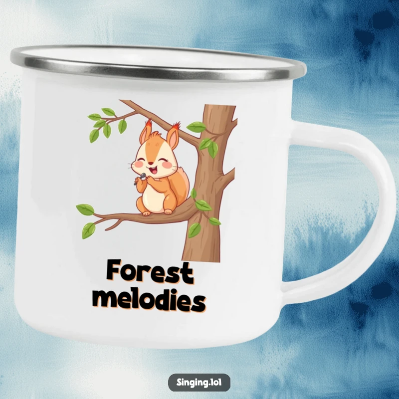 Funny Camping Mug: A happy squirrel serenades from a tree branch, a humorous enamel cup for outdoor adventures.