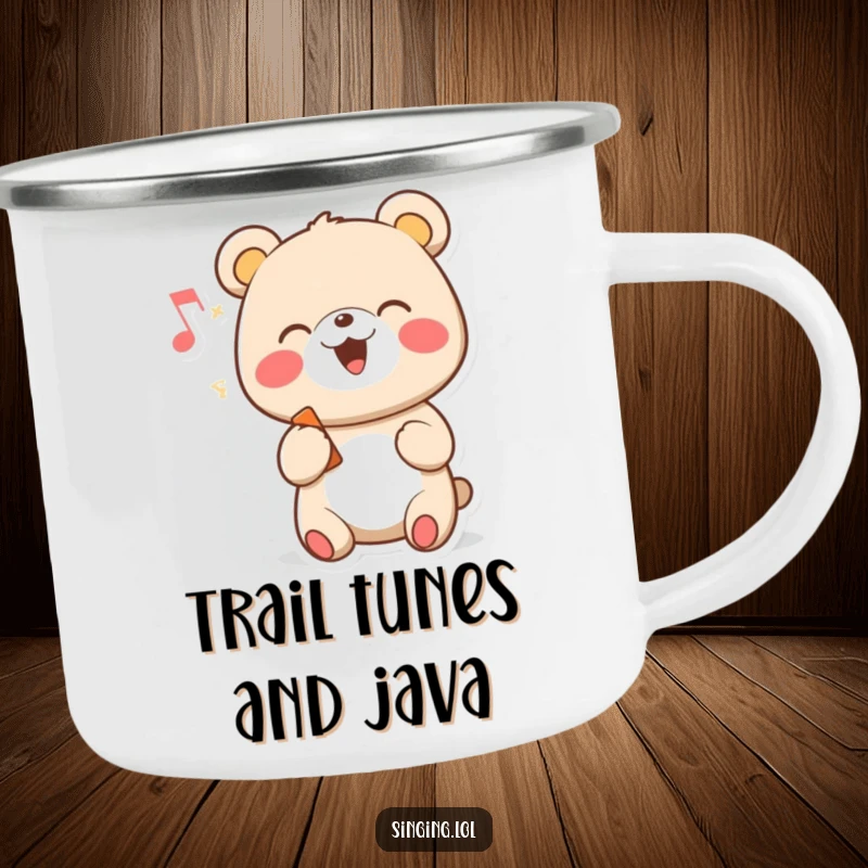 Funny enamel camping mug featuring a cheerful cartoon bear character singing with a musical note, perfect for outdoor use.