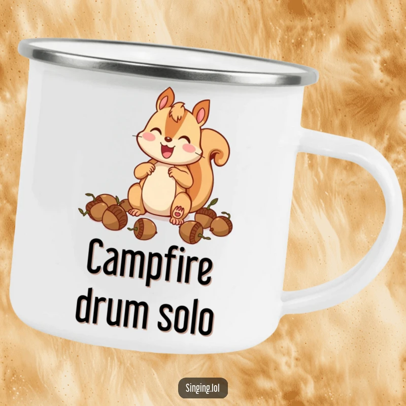 Funny squirrel drummer camping mug, a happy squirrel playing drums on acorns in an outdoor setting.