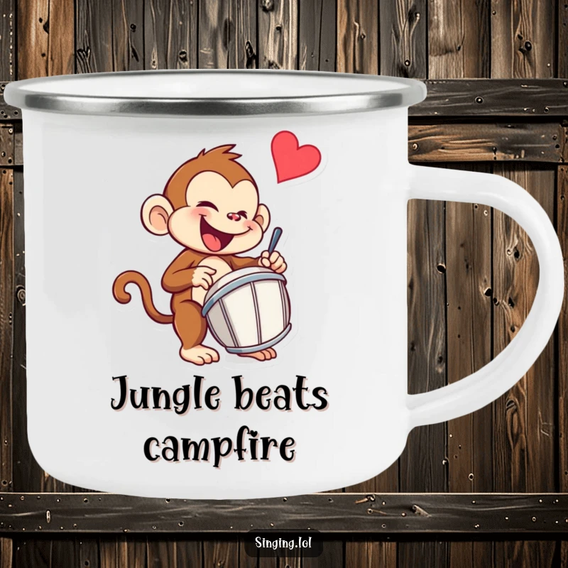 Funny monkey camping mug featuring a mischievous monkey drummer character enthusiastically tapping a drum, ready for adventure.