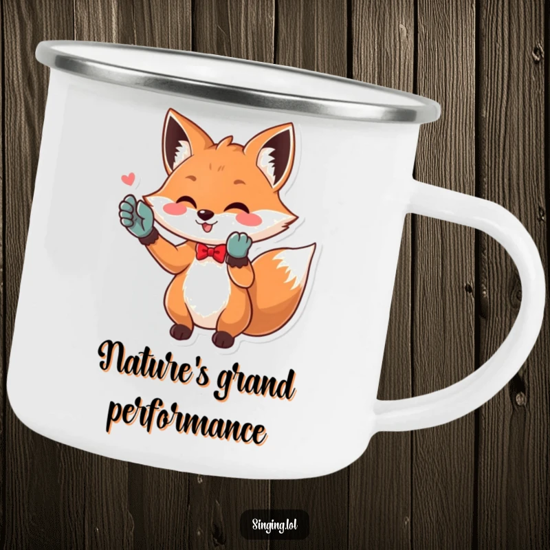 Funny Opera Fox Camping Mug: A diva fox in opera gloves serenading the wilderness. Perfect for enjoying drinks around the campfire.