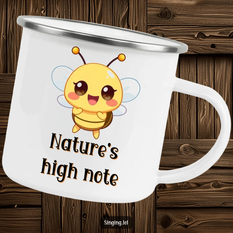 Funny camping mug featuring a happy bee character buzzing a high note, ideal for musical moments in nature.