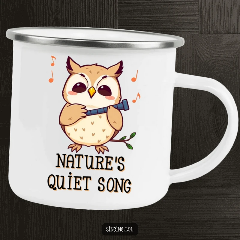 Funny owl camping mug featuring a curious owl character hooting along to a melody, ready for outdoor tunes.