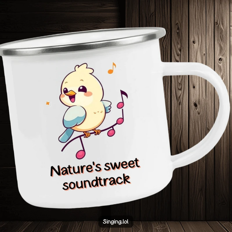 Funny Bird Musician Camping Mug: A cheerful bird chirps on a musical note, a fun and durable mug for outdoor enthusiasts.