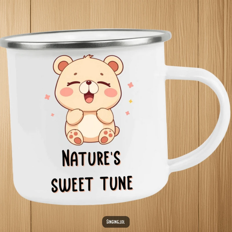 Funny camping mug with a happy bear humming contentedly with closed eyes, perfect for serene outdoor moments.