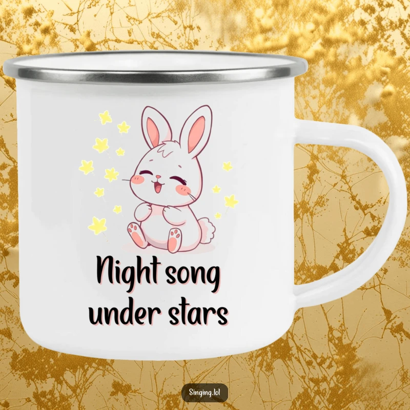 Funny Camping Mug with a giggling bunny character harmonizing with glowing fireflies, perfect for enjoying drinks under the stars.