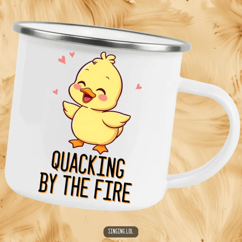 Funny camping mug showcasing a cheerful duckling character quacking rhythmically, ready for outdoor adventures and coffee.