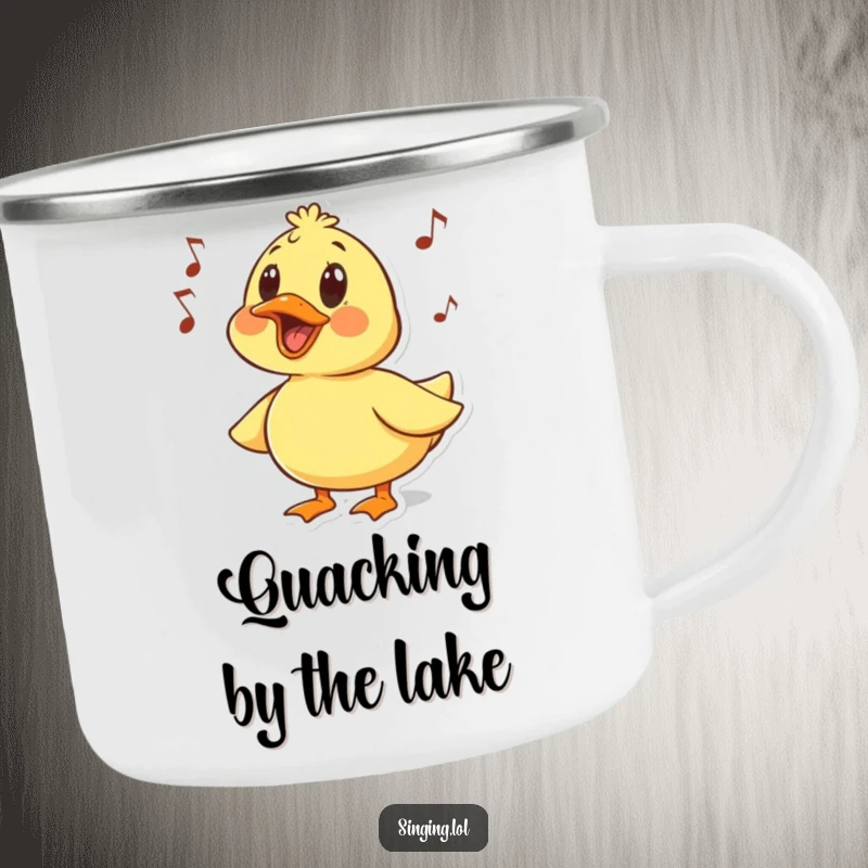 Funny enamel camping mug with a surprised duck character quacking a humorous melody, perfect for outdoor musical fun.