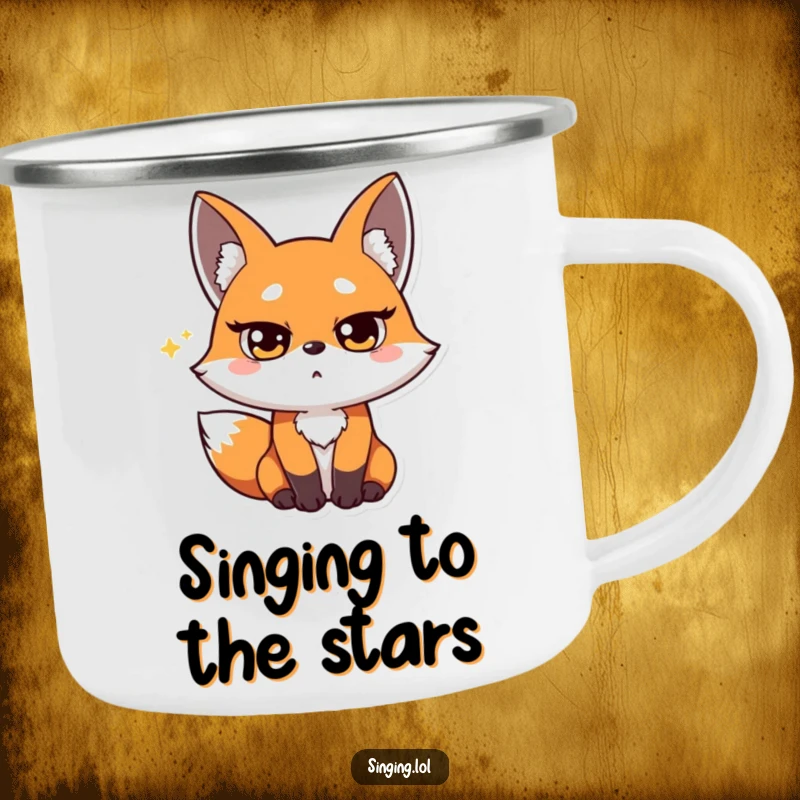 Funny Fox Opera Singer Camping Mug: A surprised fox hits a high note with squinted eyes, a fun and durable mug.