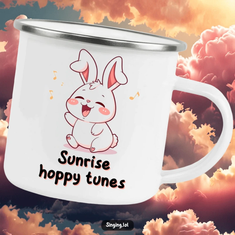 Funny rabbit camping mug with a delighted character with ears flopping while singing, perfect for outdoor enjoyment.
