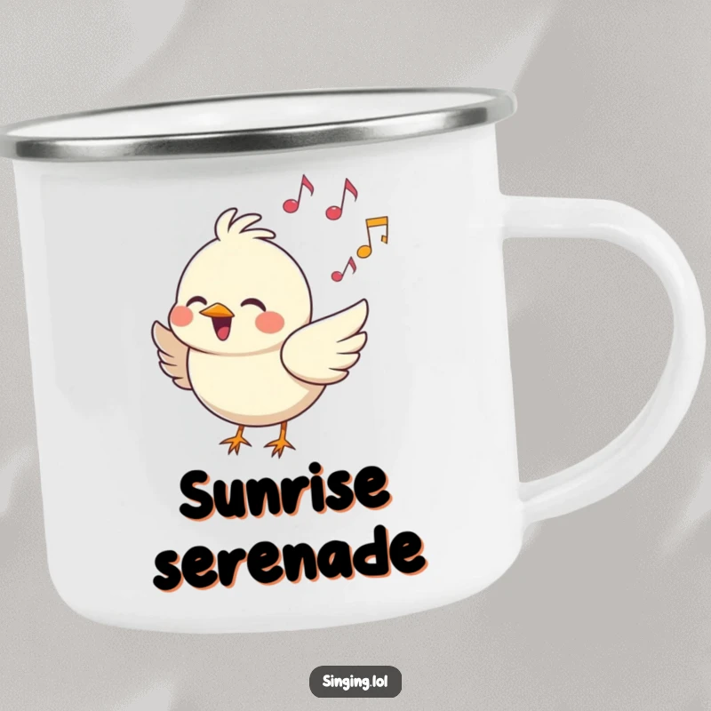 Funny Camping Mug: A cheerful bird sings with music notes, a humorous enamel cup for outdoor adventures.