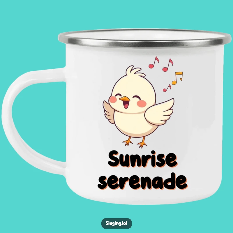 Funny Cheerful Bird Song Camping Mug: Enamel Cup, Hilarious Outdoor Funny Gift