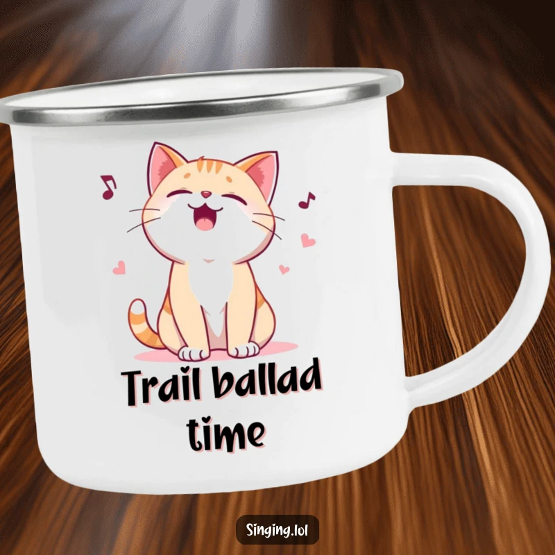 Funny camping mug featuring a giggling cat character yowling a playful ballad, ideal for outdoor enthusiasts who enjoy humor and hot beverages.