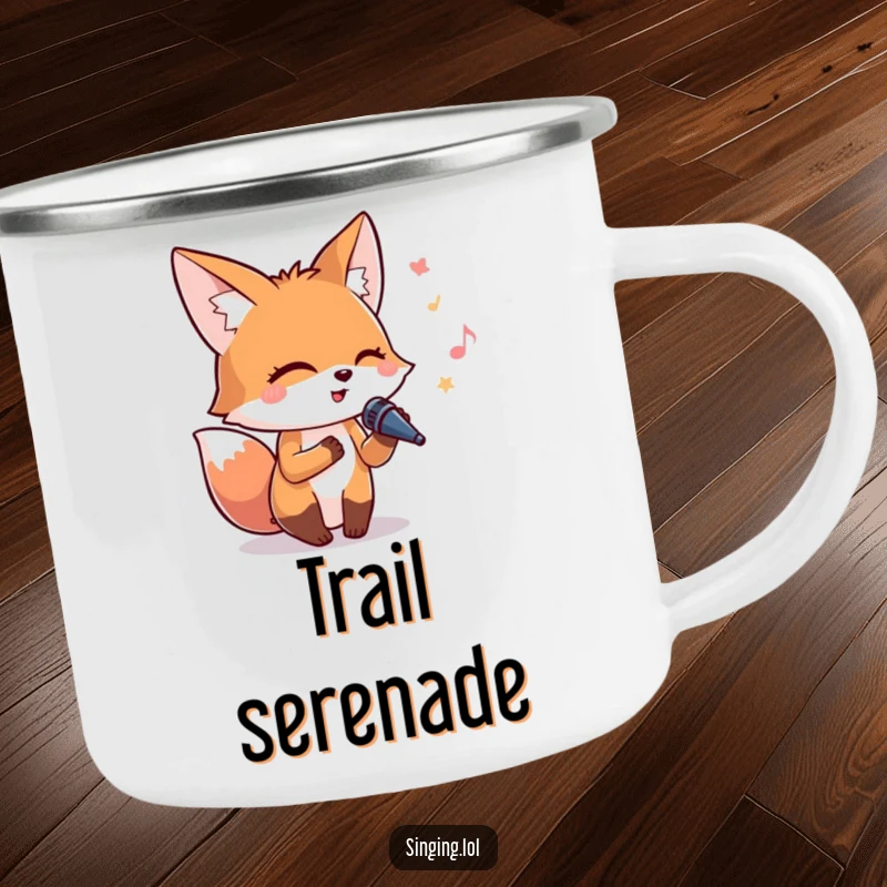 Funny camping mug featuring a happy fox singing into a microphone, eyes closed, enjoying nature's stage.