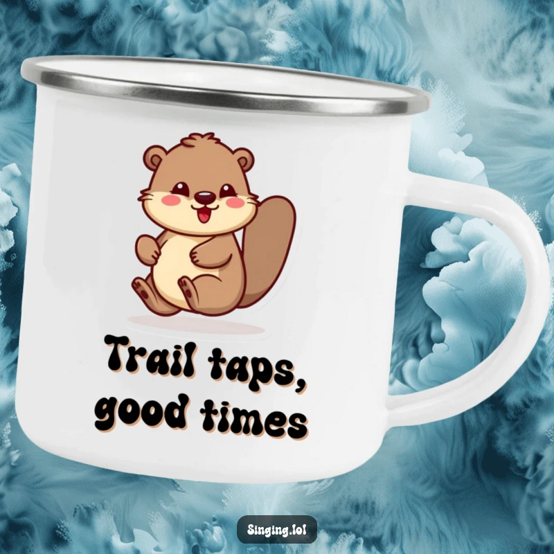 Funny enamel camping mug with a beaver character bouncing and rhythmically tapping its foot, perfect for outdoor music lovers.
