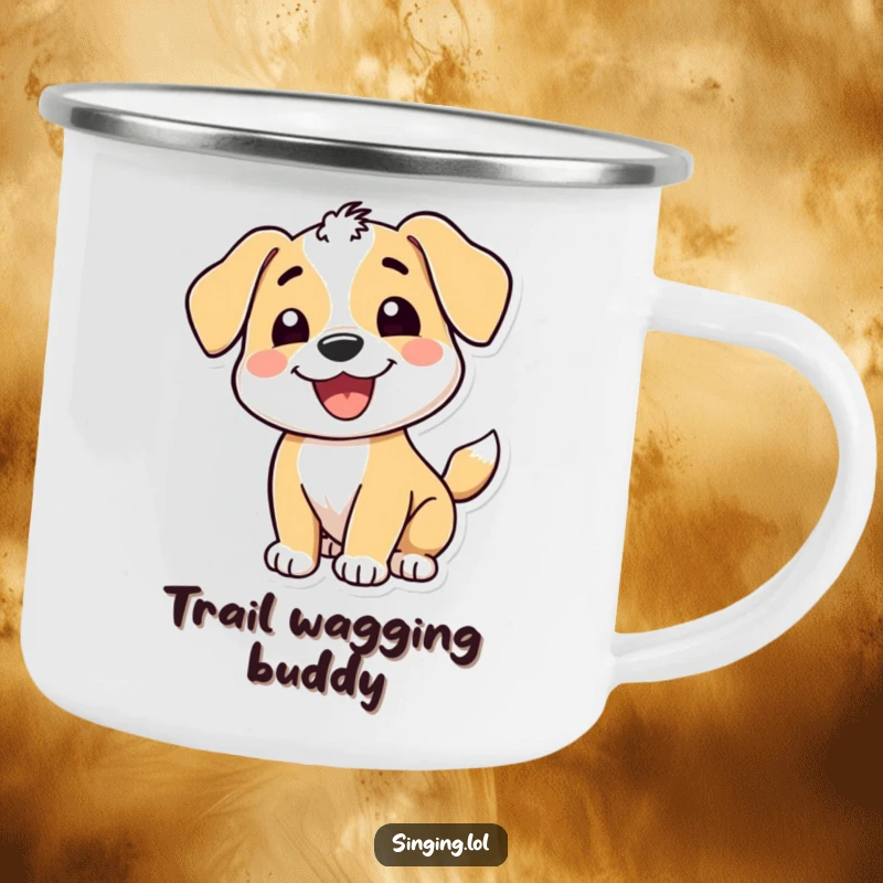 Funny camping mug featuring a happy puppy character with a wide grin and wagging tail, perfect for outdoor adventures and happy sipping.