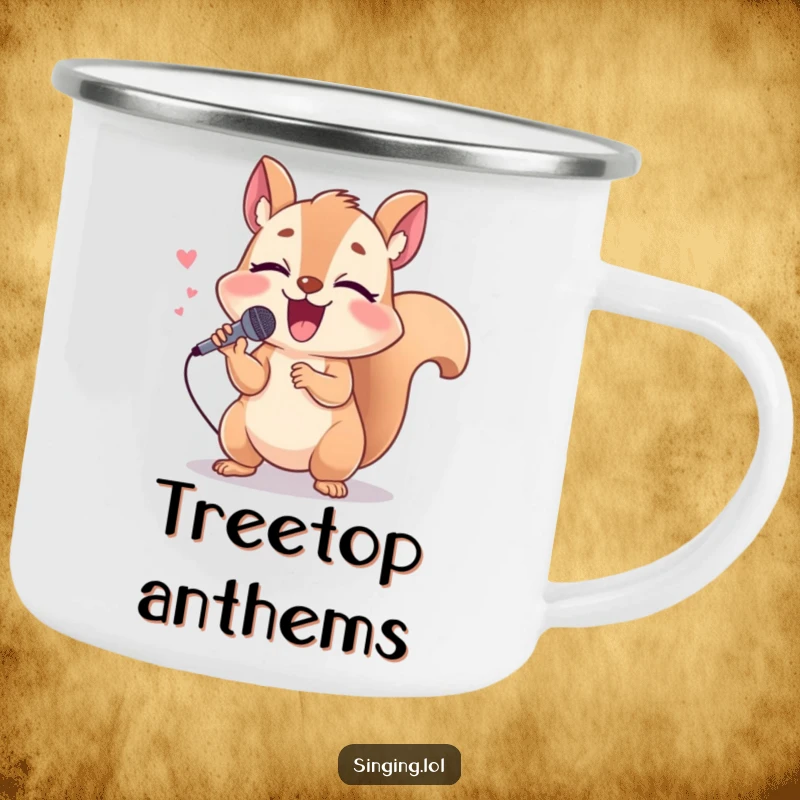 Funny squirrel camping mug with a giggling character holding a tiny microphone, singing loudly, perfect for outdoor fun.