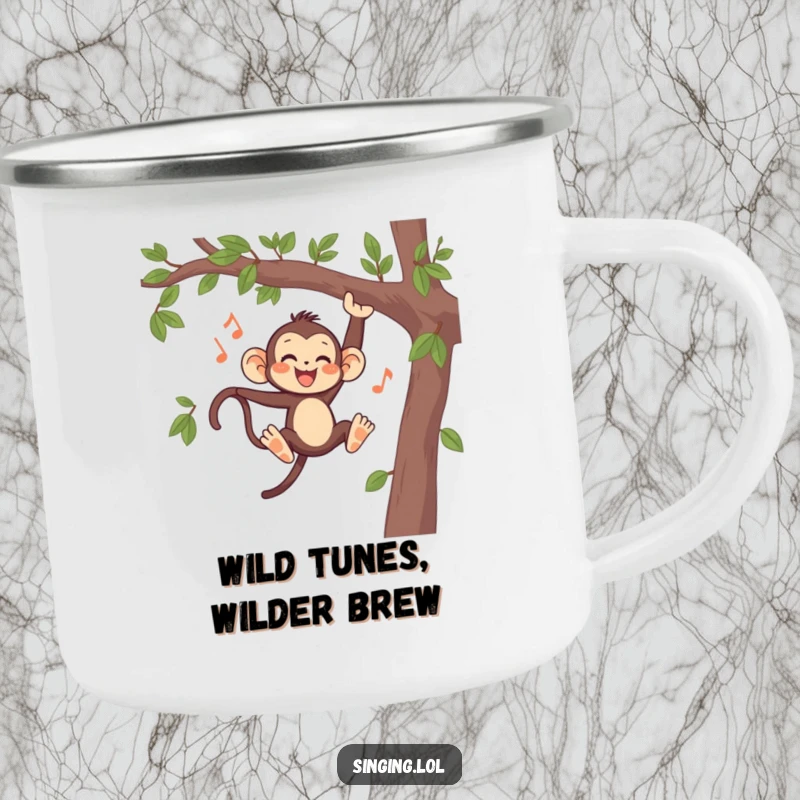 Funny Monkey Singing Camping Mug, a joyful primate swinging and singing, ready for outdoor adventures and campfire songs.