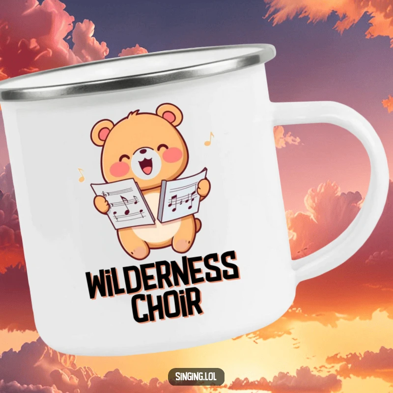 Funny camping mug with a happy bear character harmonizing from sheet music, for musical outdoor enjoyment.