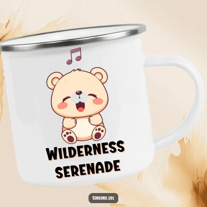 Funny Camping Mug with a happy bear cub singing with eyes closed, a musical note above, ready for outdoor adventures.