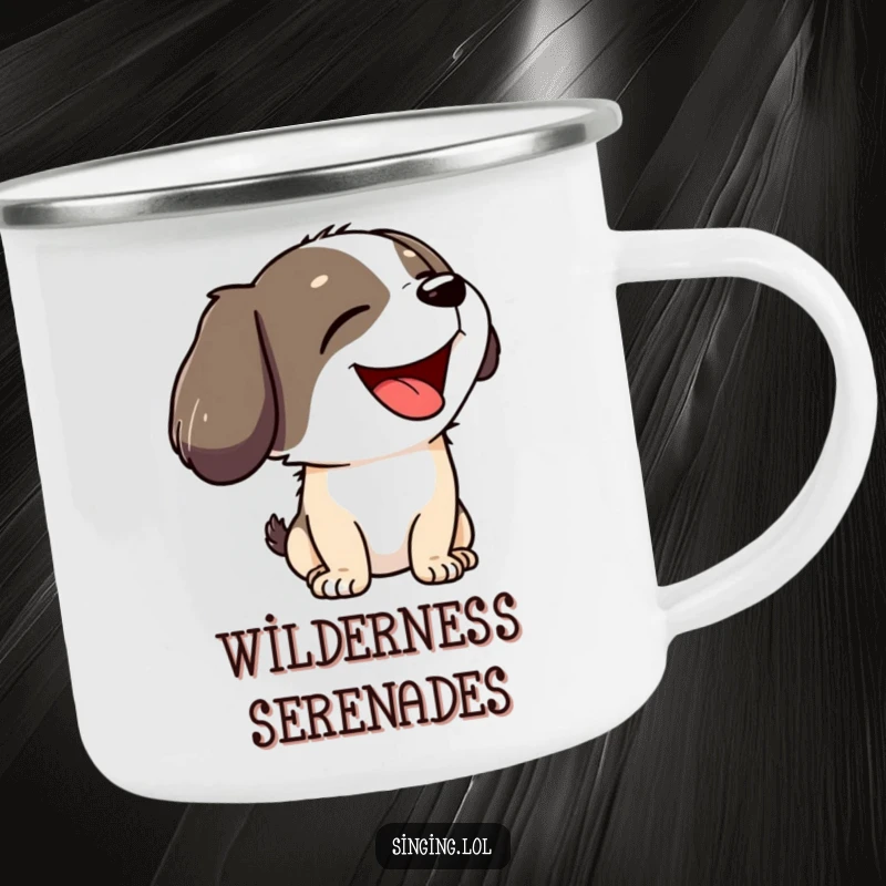 Funny enamel camping mug featuring a joyful dog character howling with its head tilted back, built for adventure.