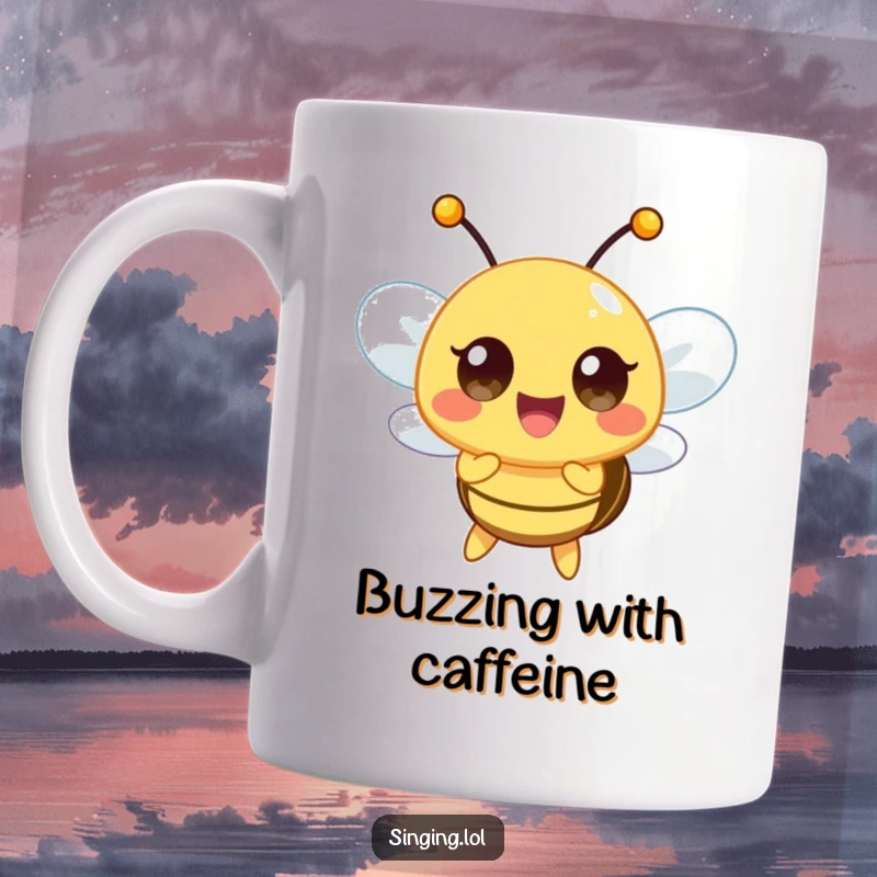 Funny mug featuring a happy bee character buzzing energetically while hitting a high musical note, radiating joy.