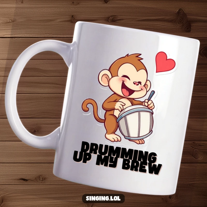 Funny monkey mug featuring a mischievous monkey character enthusiastically tapping a drum with energy and a playful grin.