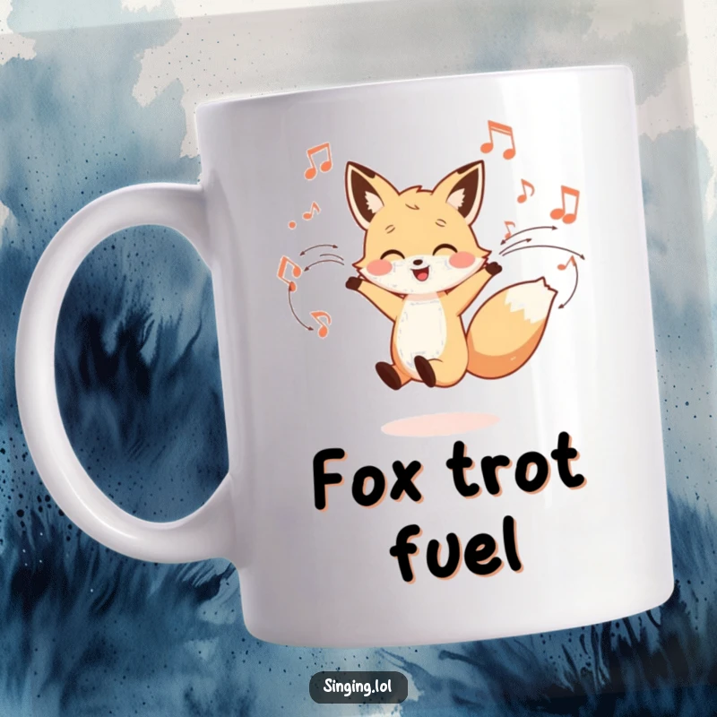 Funny mug depicting a little fox character joyfully dancing with musical notes swirling around, expressing pure musical bliss.