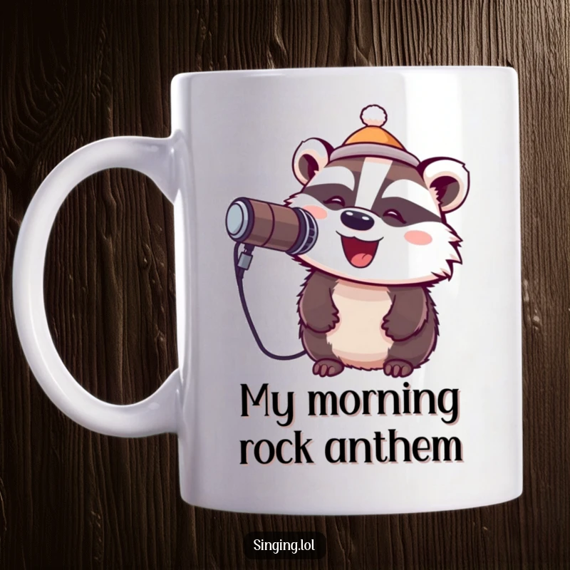 Funny mug with a cheerful badger wearing a tiny hat, passionately singing into a microphone, radiating musical joy.