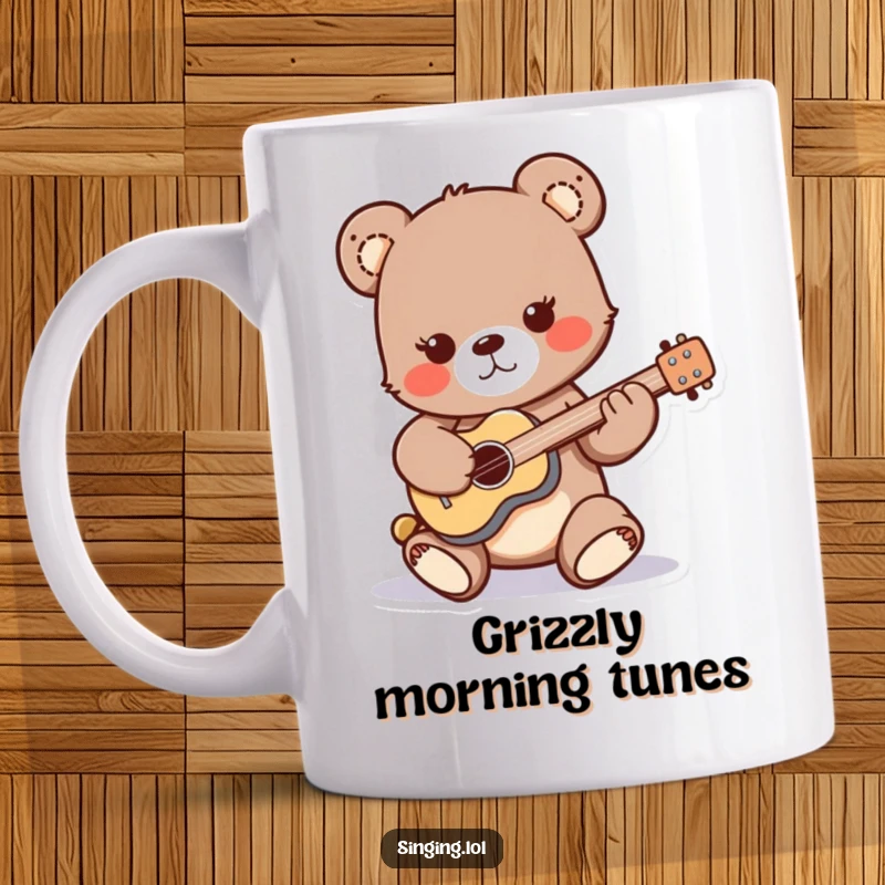 Funny mug depicting a playful bear cub character energetically strumming a tiny guitar, embodying rockstar dreams and woodland charm.