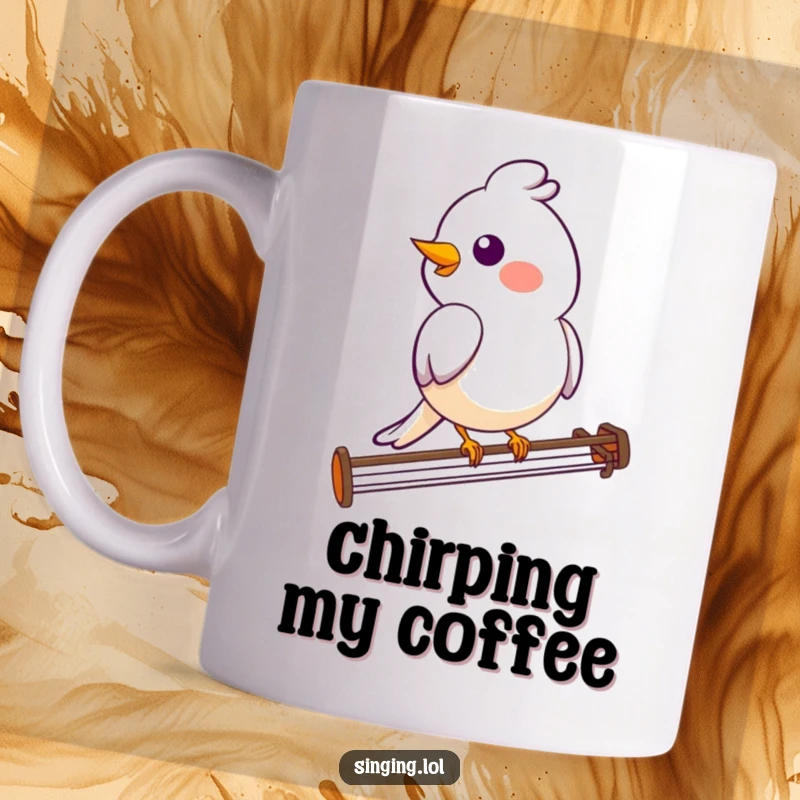 Funny bird mug featuring a smiling bird character perched happily on a musical staff, enjoying a sweet melody.