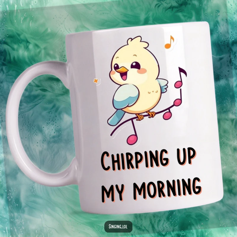 Funny Bird Musician Mug: A cheerful little bird chirps happily while perched on a musical note, embodying sweet melody and joy.