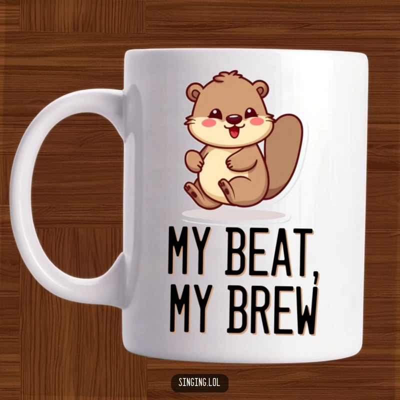 Funny mug of a cheerful beaver character energetically bouncing and rhythmically tapping its foot to an unseen beat.