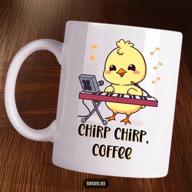 Funny mug featuring a bouncy chick character pecking at a keyboard as if singing, embodying energetic typing.